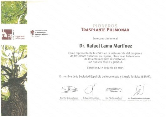 Reconocimiento de Pioneros de trasplante pulmonar Dr. Rafael Lama Martínez
